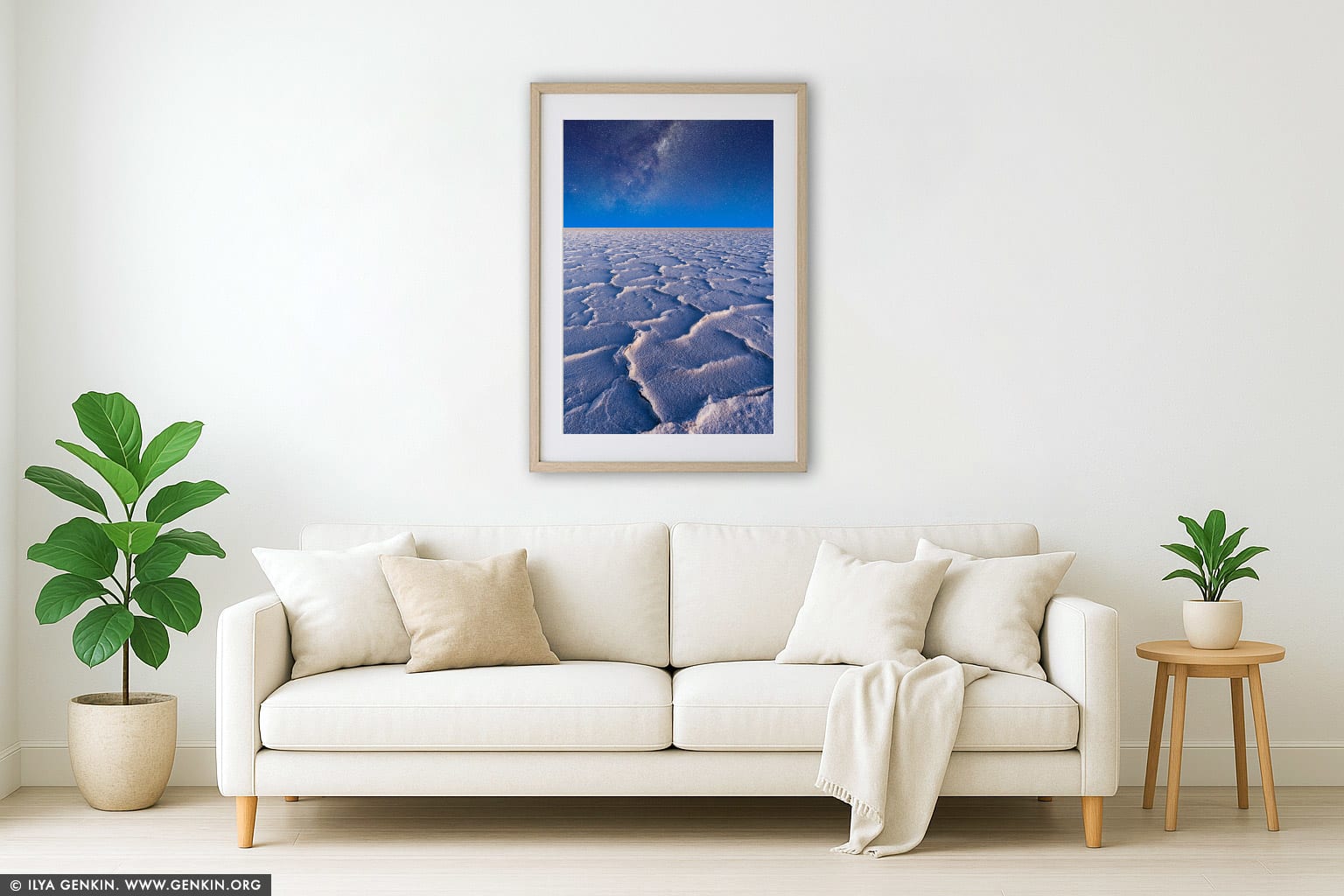 Panorama of Milky Way Galaxy Rising Above Lake Eyre wall art in a modern living room interior