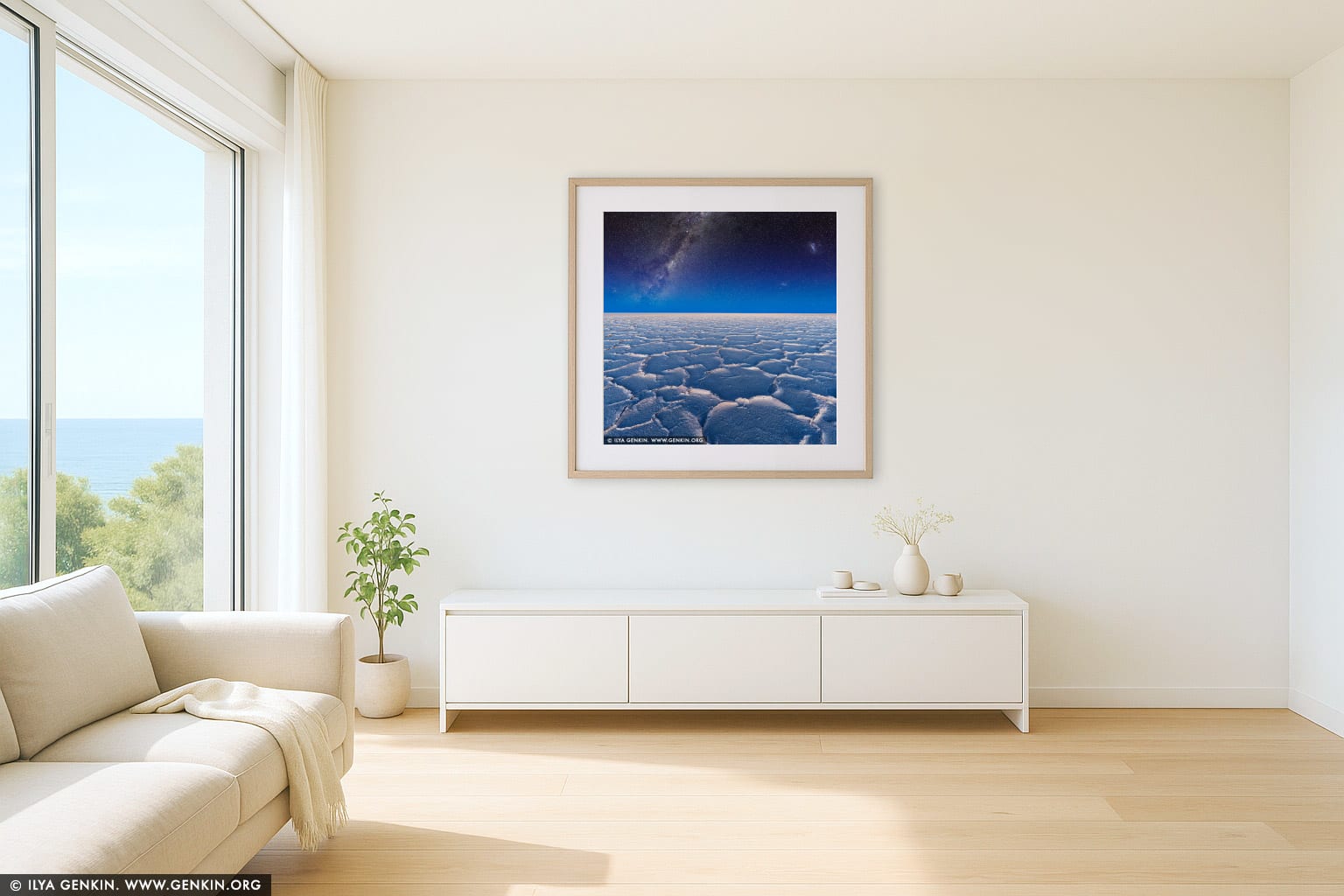 Milky Way Galaxy Rising Above Lake Eyre wall art in a minimalist living room interior