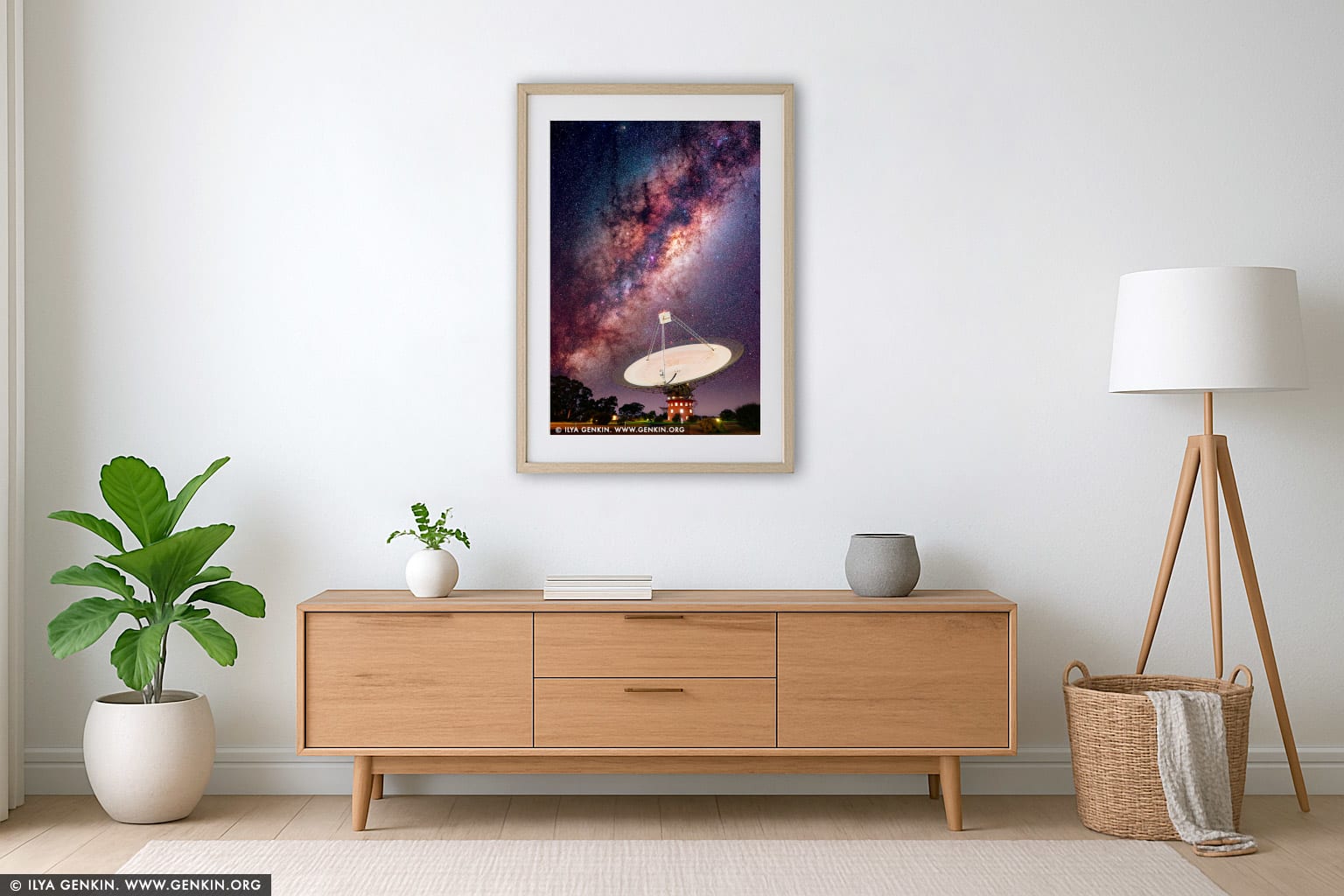 The Dish and Starry Sky wall art in a minimalist living room interior