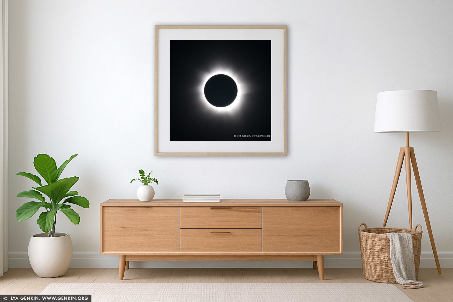 The Total Solar Eclipse 2012 wall art in a minimalist living room interior
