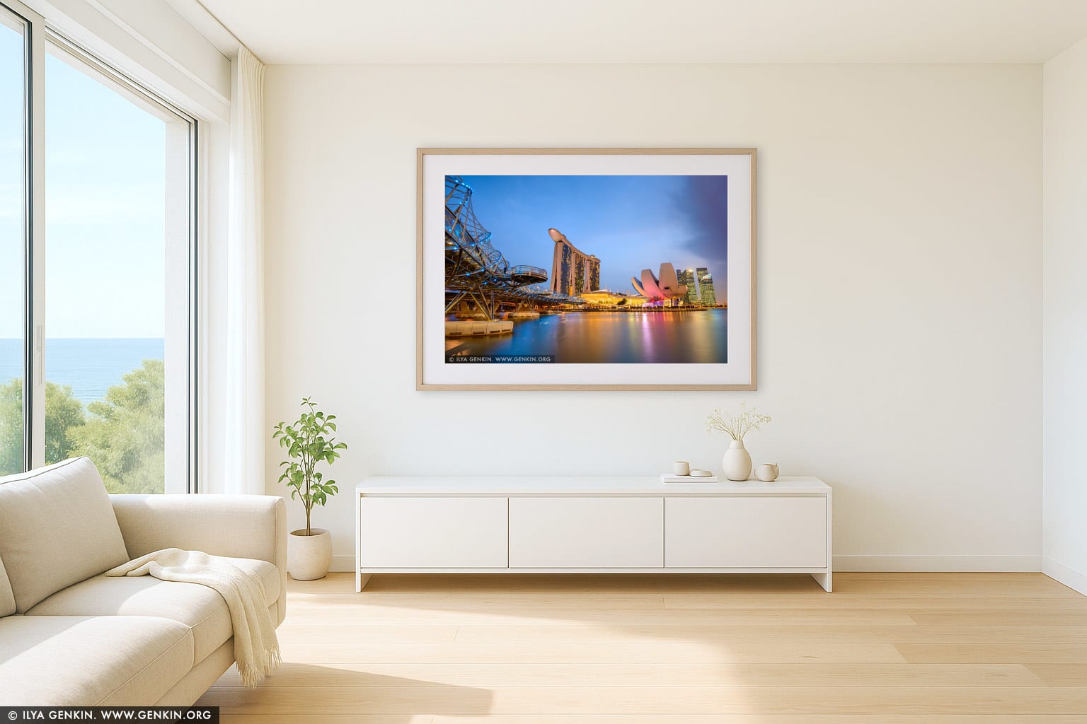 Marina Bay Sands Hotel at Sunset wall art in a contemporary living room interior