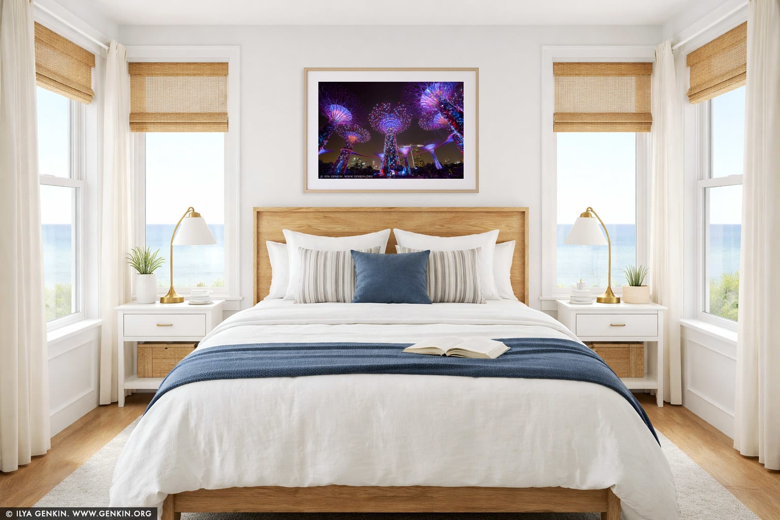 Supertree Grove at Night wall art in a bedroom interior