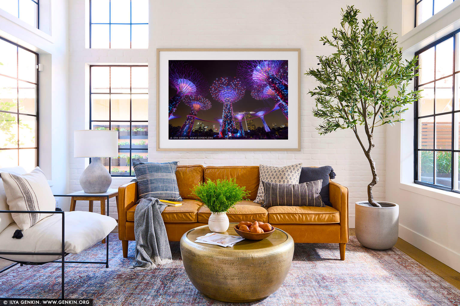 Supertree Grove at Night wall art in a luxury living room interior