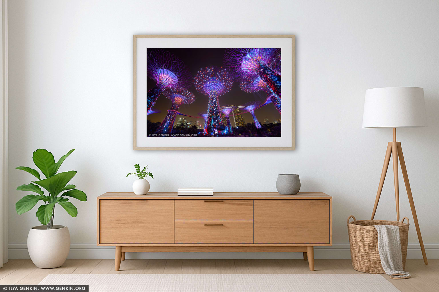 Supertree Grove at Night wall art in a modern living room interior