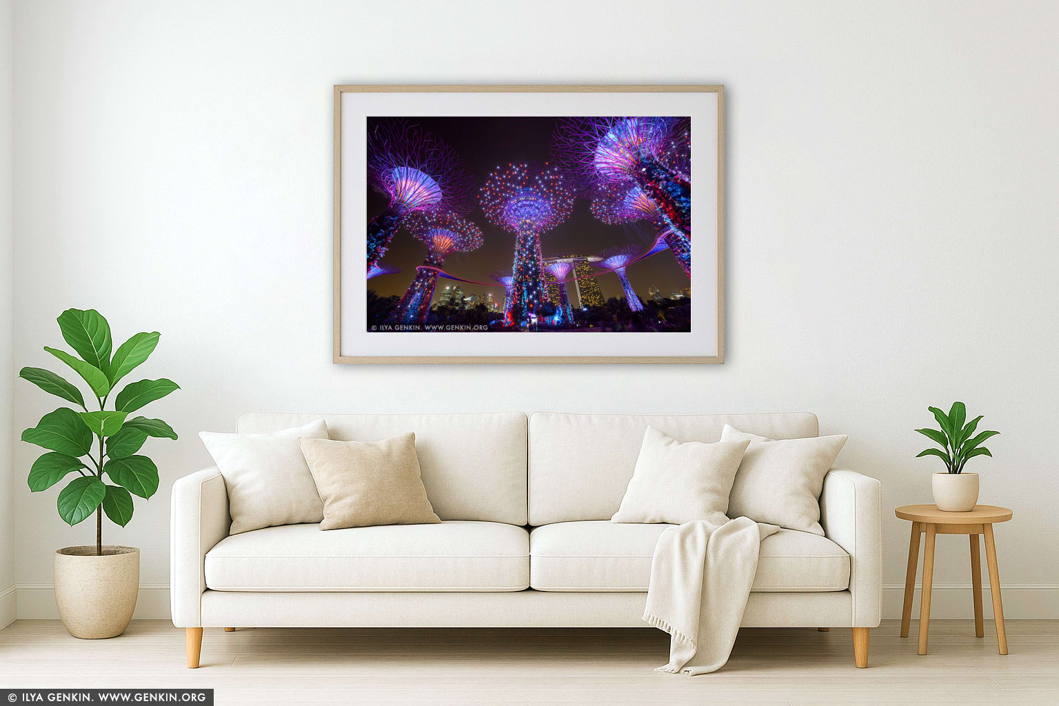 Supertree Grove at Night wall art in a minimalist living room interior