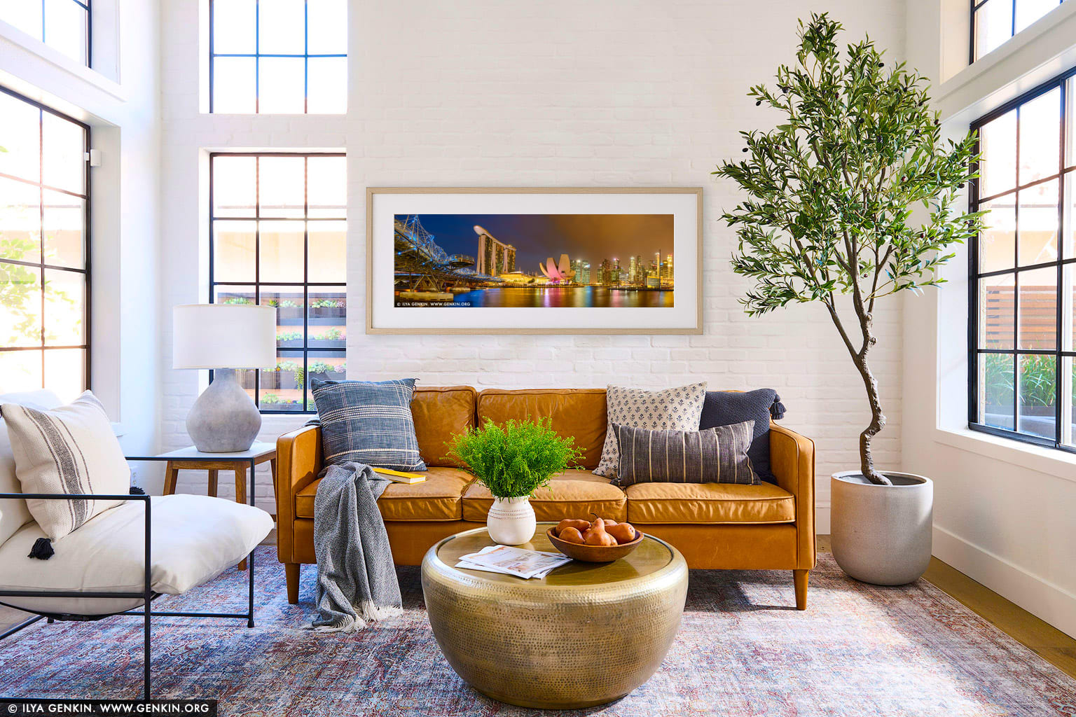 Singapore Downtown Panorama at Night wall art in a modern living room interior