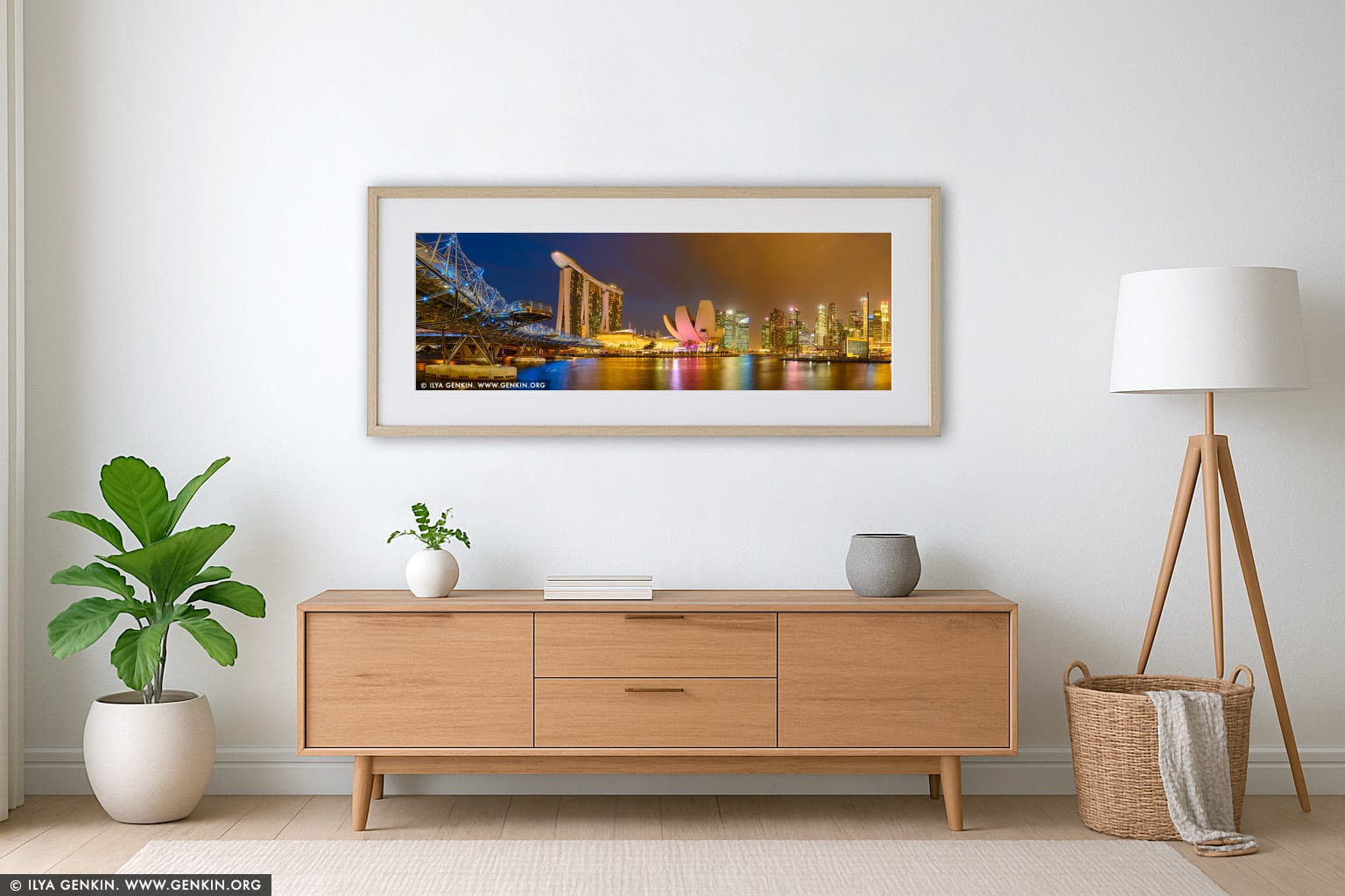 Singapore Downtown Panorama at Night wall art in a contemporary living room interior