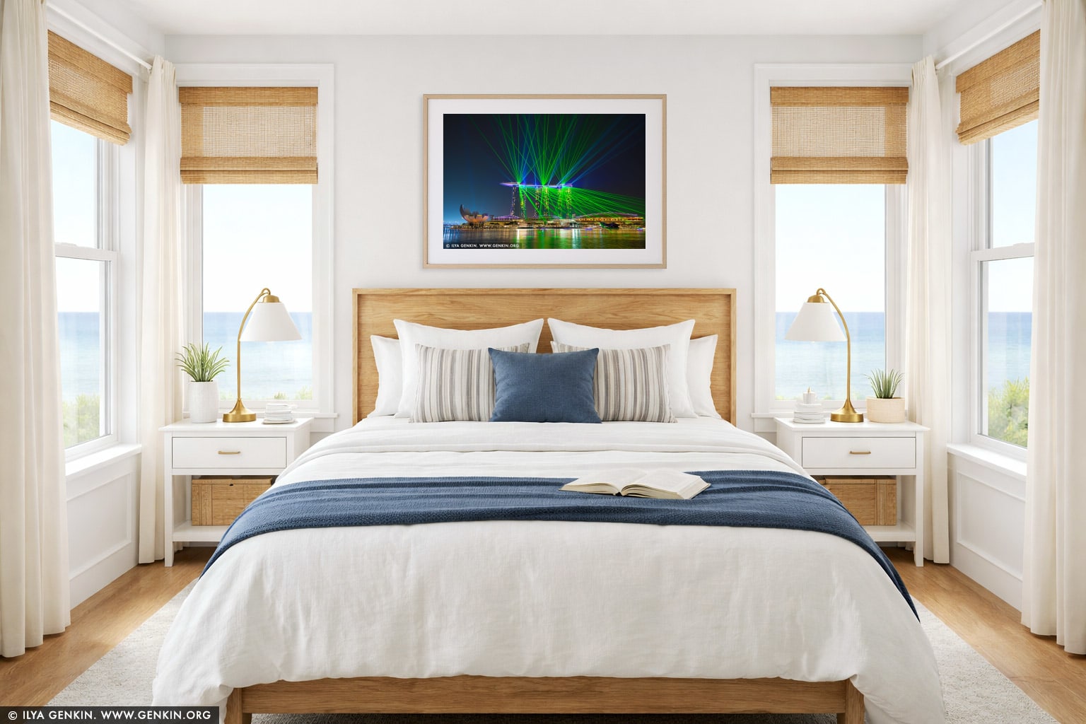Marina Bay Sands Light and Water Show wall art in a bedroom interior