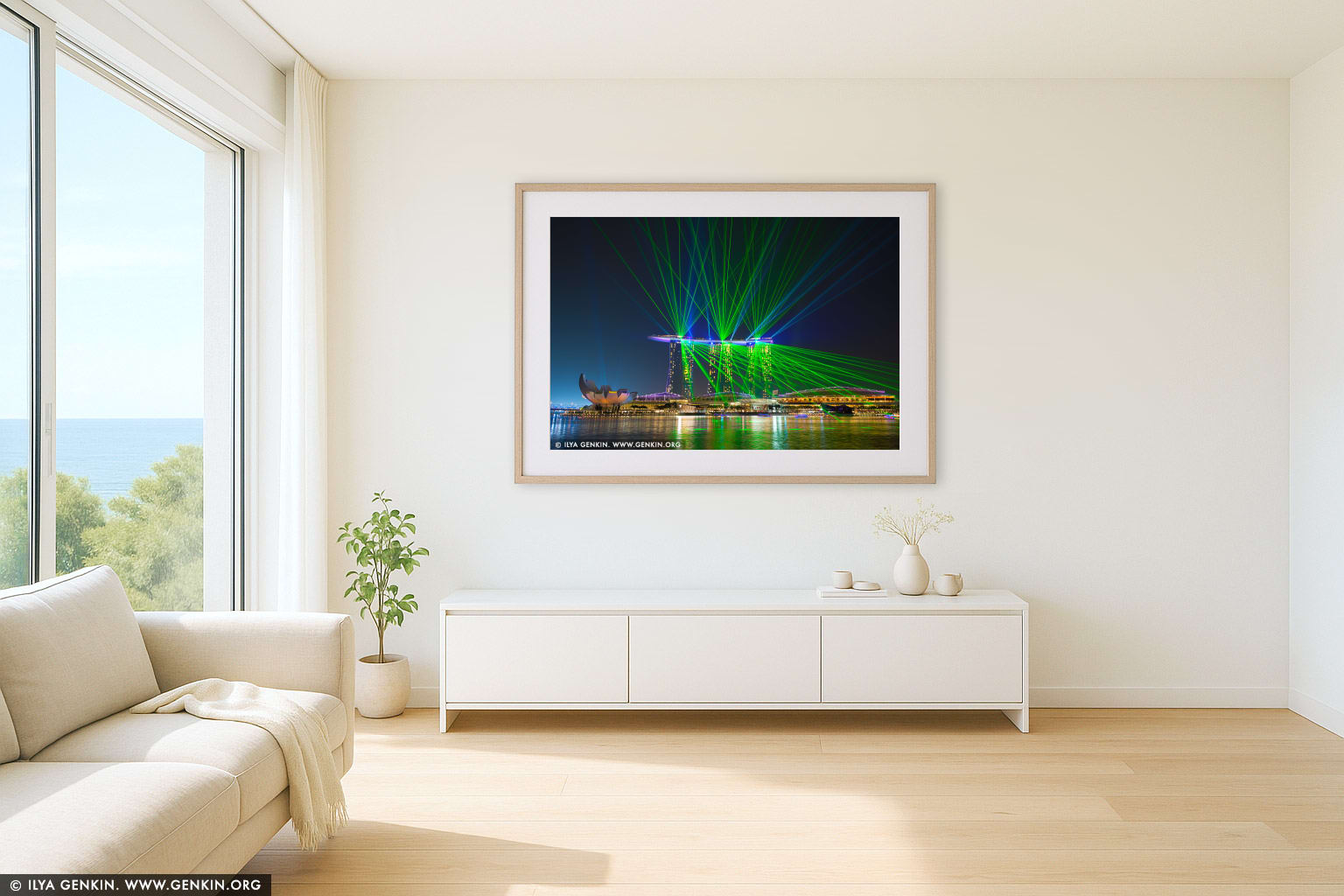 Marina Bay Sands Light and Water Show wall art in a contemporary living room interior