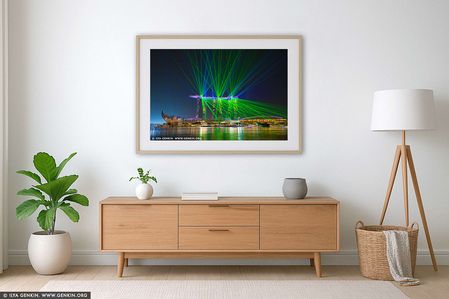 Marina Bay Sands Light and Water Show wall art in a minimalist living room interior
