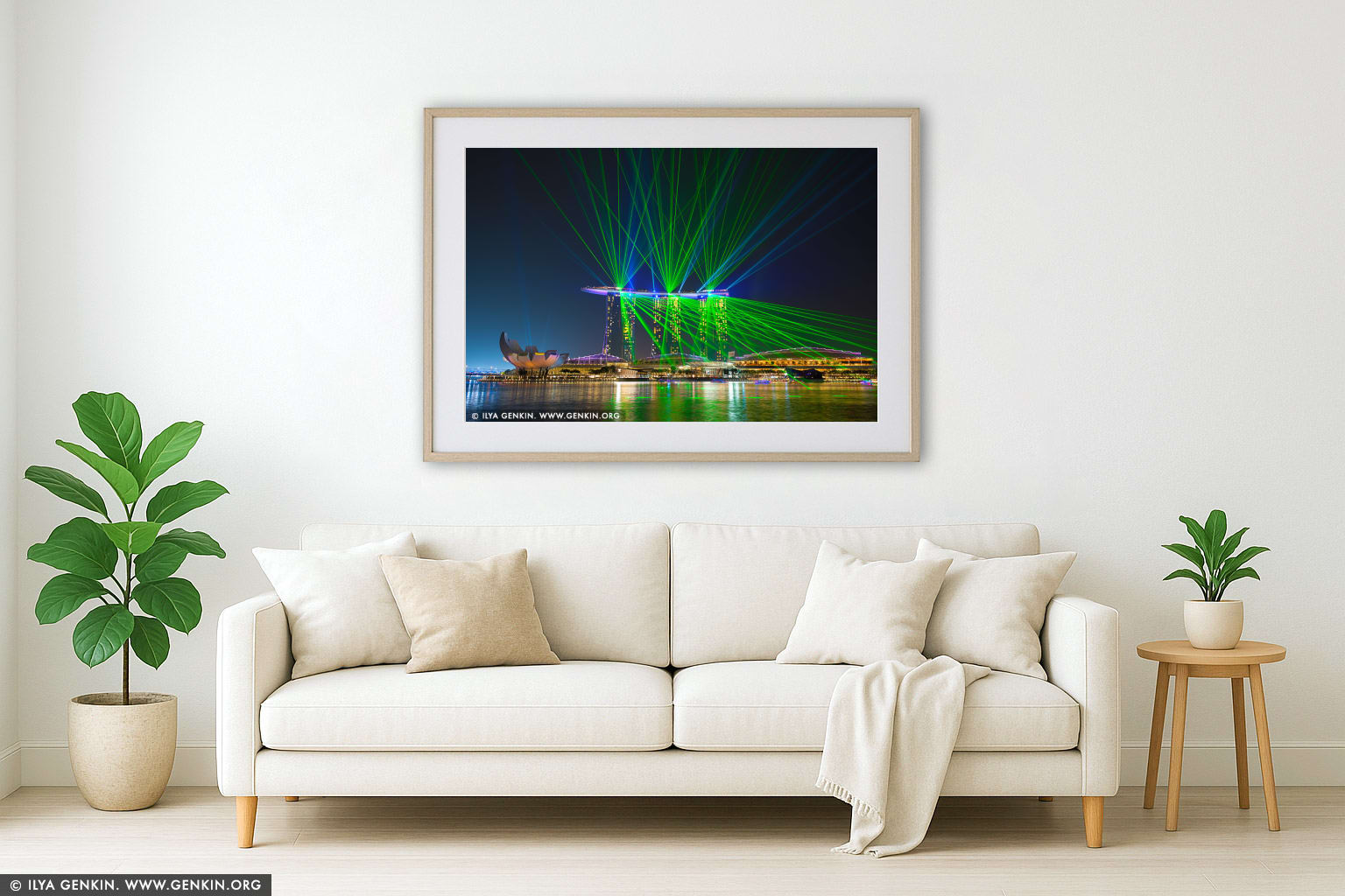 Marina Bay Sands Light and Water Show wall art in a modern living room interior