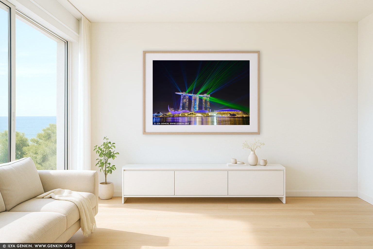 Marina Bay Sands Light and Water Show wall art in a luxury living room interior