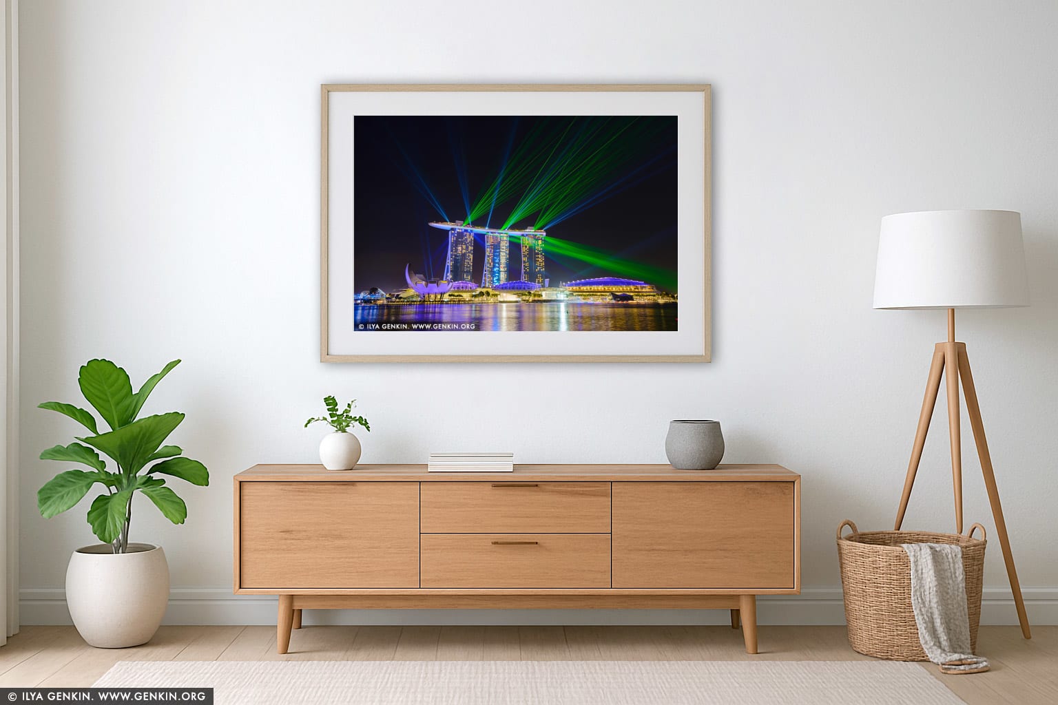 Marina Bay Sands Light and Water Show wall art in a modern living room interior