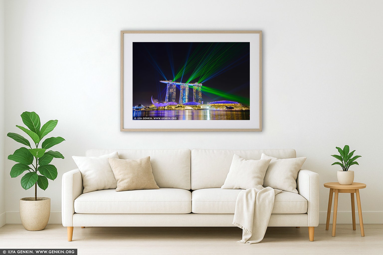 Marina Bay Sands Light and Water Show wall art in a minimalist living room interior