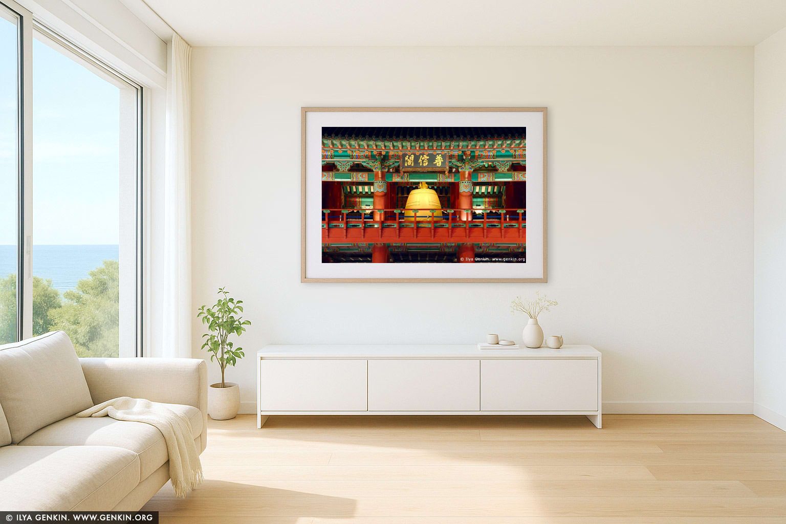 Boshingak Bell Pavilion in Seoul, South Korea wall art in a minimalist living room interior