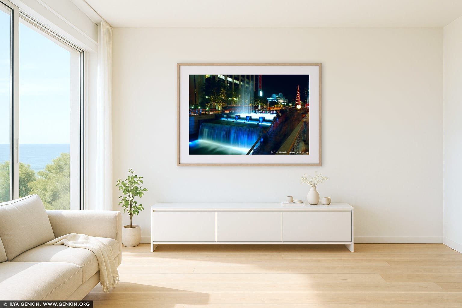 Cheonggyecheon River Park at Night in Seoul, South Korea wall art in a contemporary living room interior