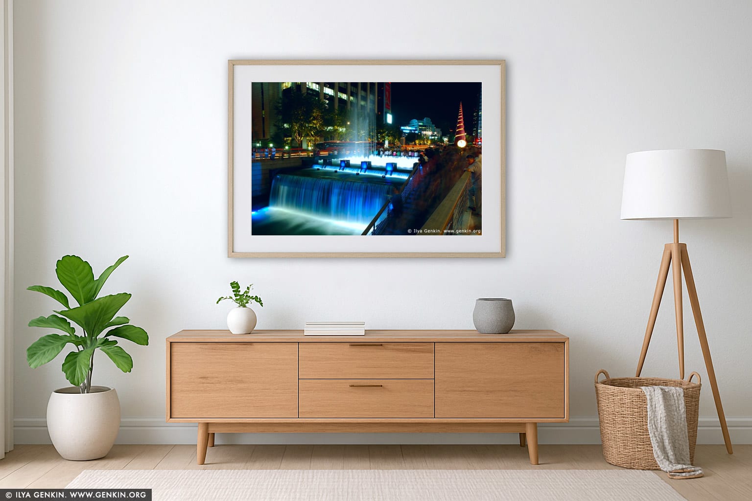 Cheonggyecheon River Park at Night in Seoul, South Korea wall art in a minimalist living room interior