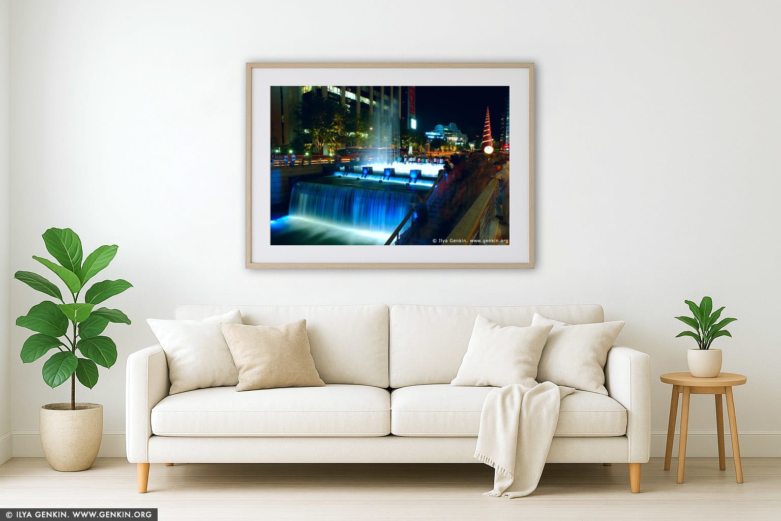 Cheonggyecheon River Park at Night in Seoul, South Korea wall art in a modern living room interior