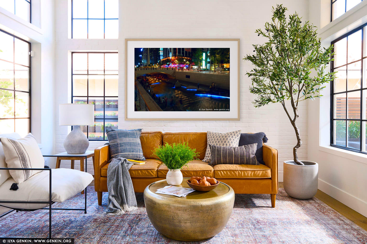 Cheonggyecheon River Park at Night in Seoul, South Korea wall art in a minimalist living room interior