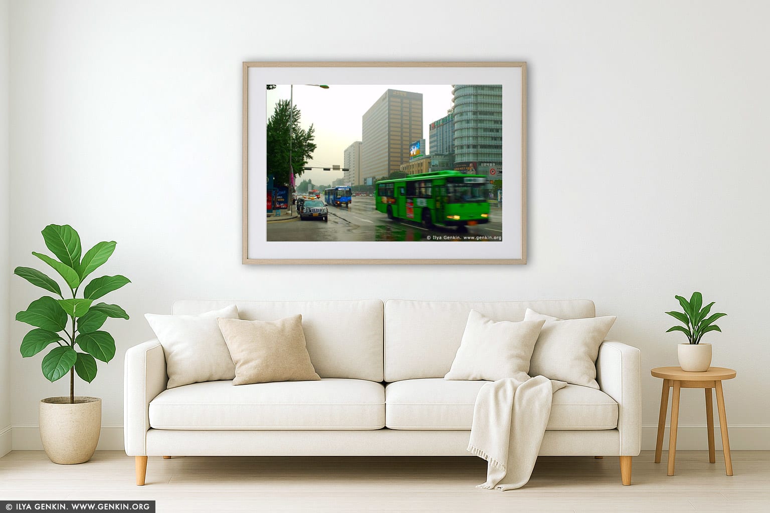Buses and Taxis on Sejongno Street in Seoul, South Korea wall art in a minimalist living room interior