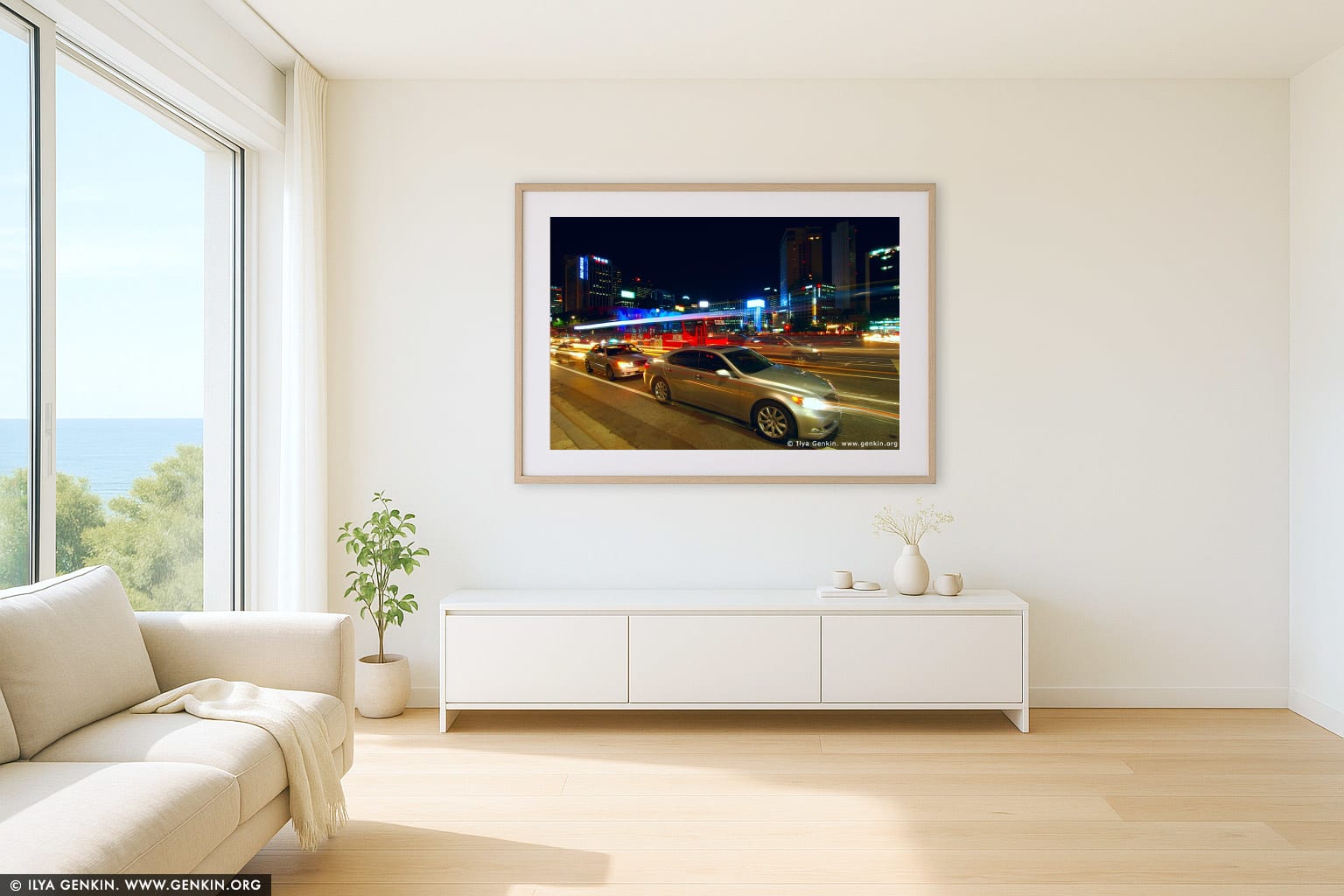 Seoul at Night, South Korea wall art in a minimalist living room interior