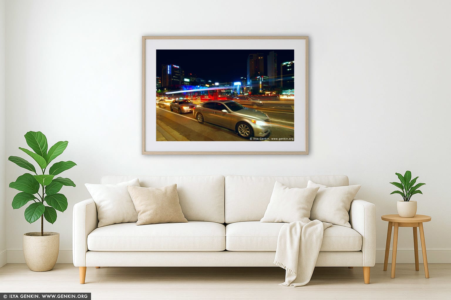 Seoul at Night, South Korea wall art in a contemporary living room interior