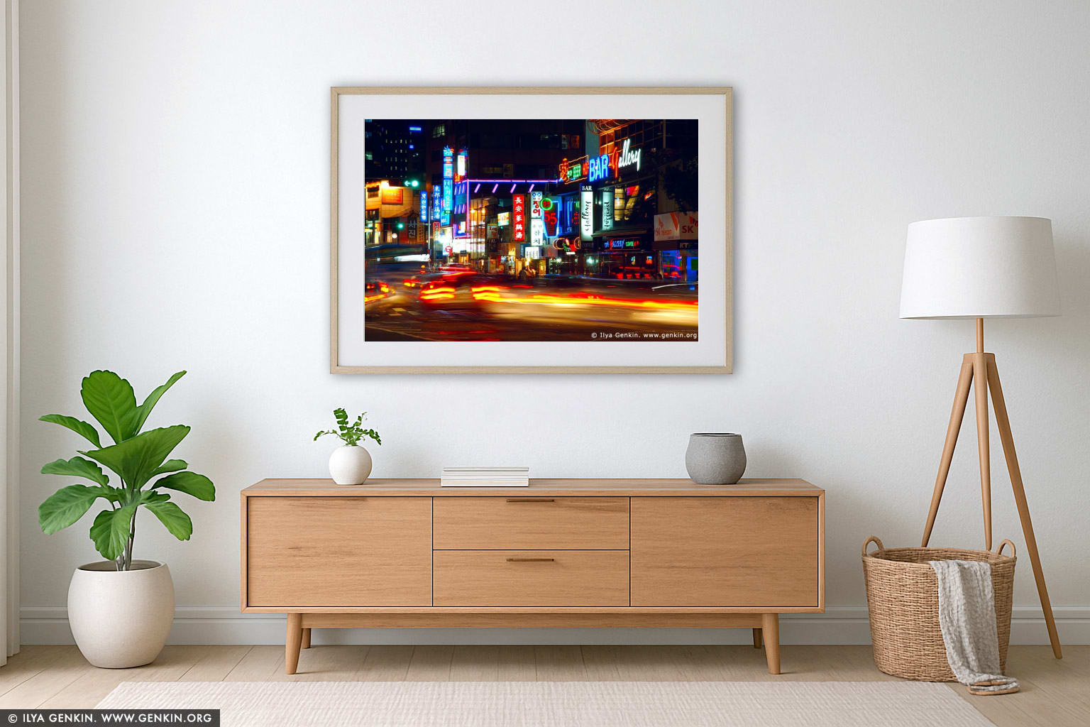 Signs for Restaurants, Bars and Shops in Seoul at Night, South Korea wall art in a contemporary living room interior