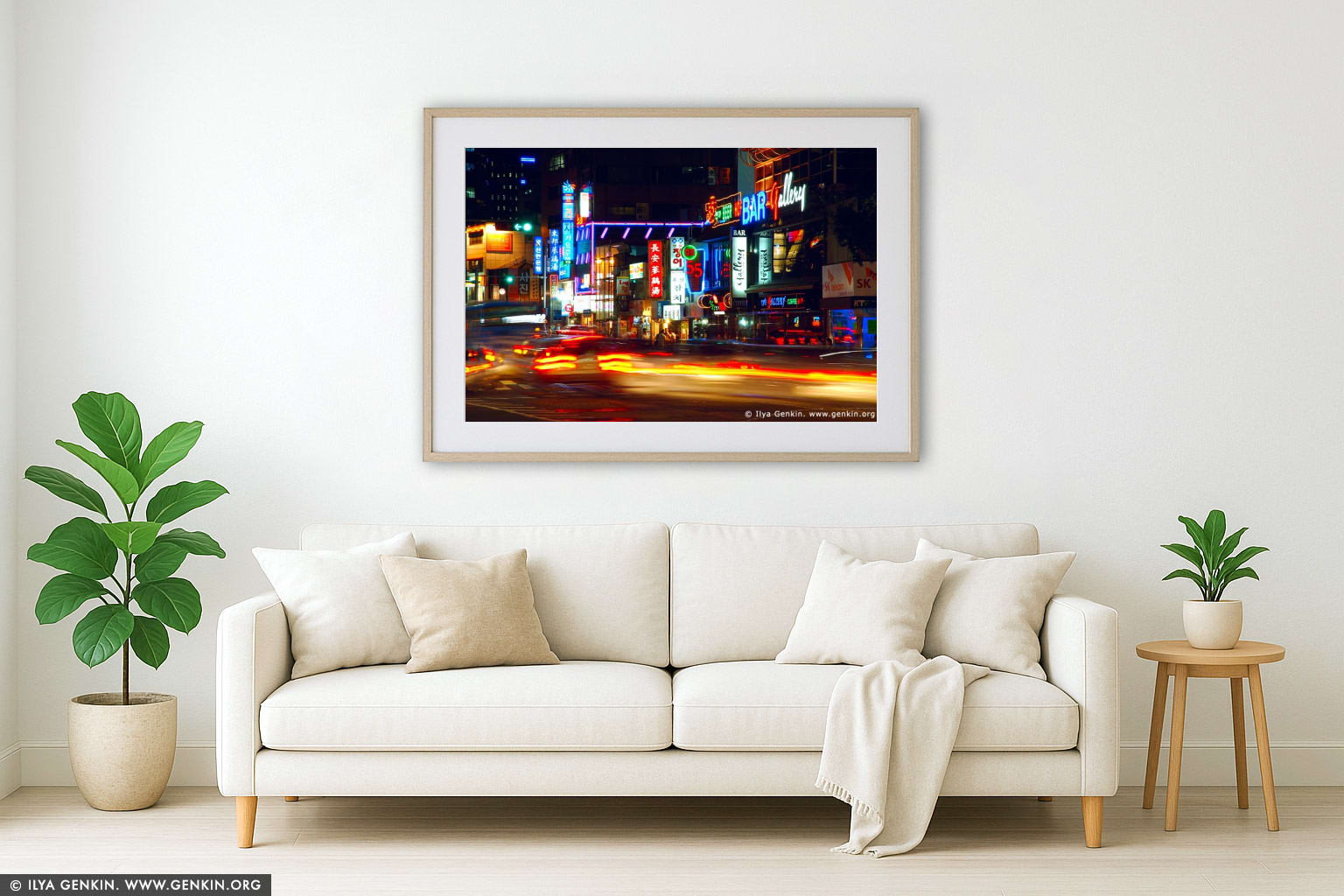 Signs for Restaurants, Bars and Shops in Seoul at Night, South Korea wall art in a luxury living room interior