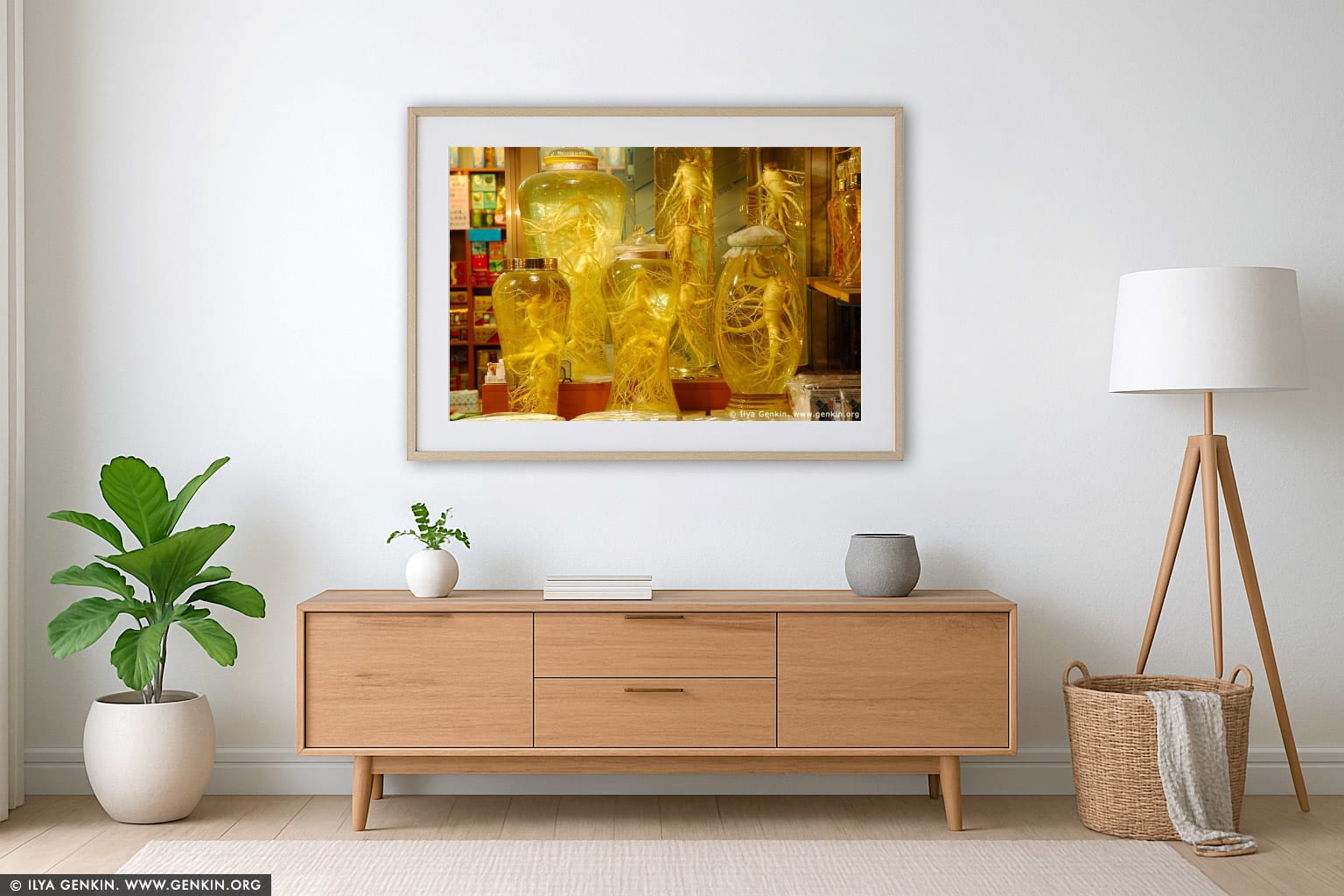 Ginseng Roots in Bottles in Namdaemun Market in Seoul, South Korea wall art in a luxury living room interior