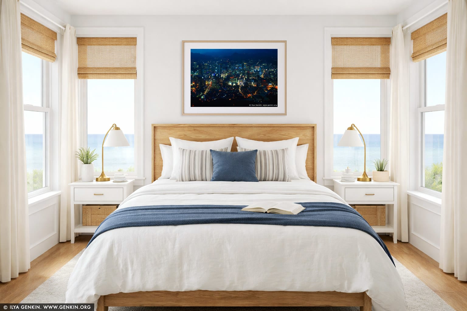 Seoul city at Night wall art in a bedroom interior