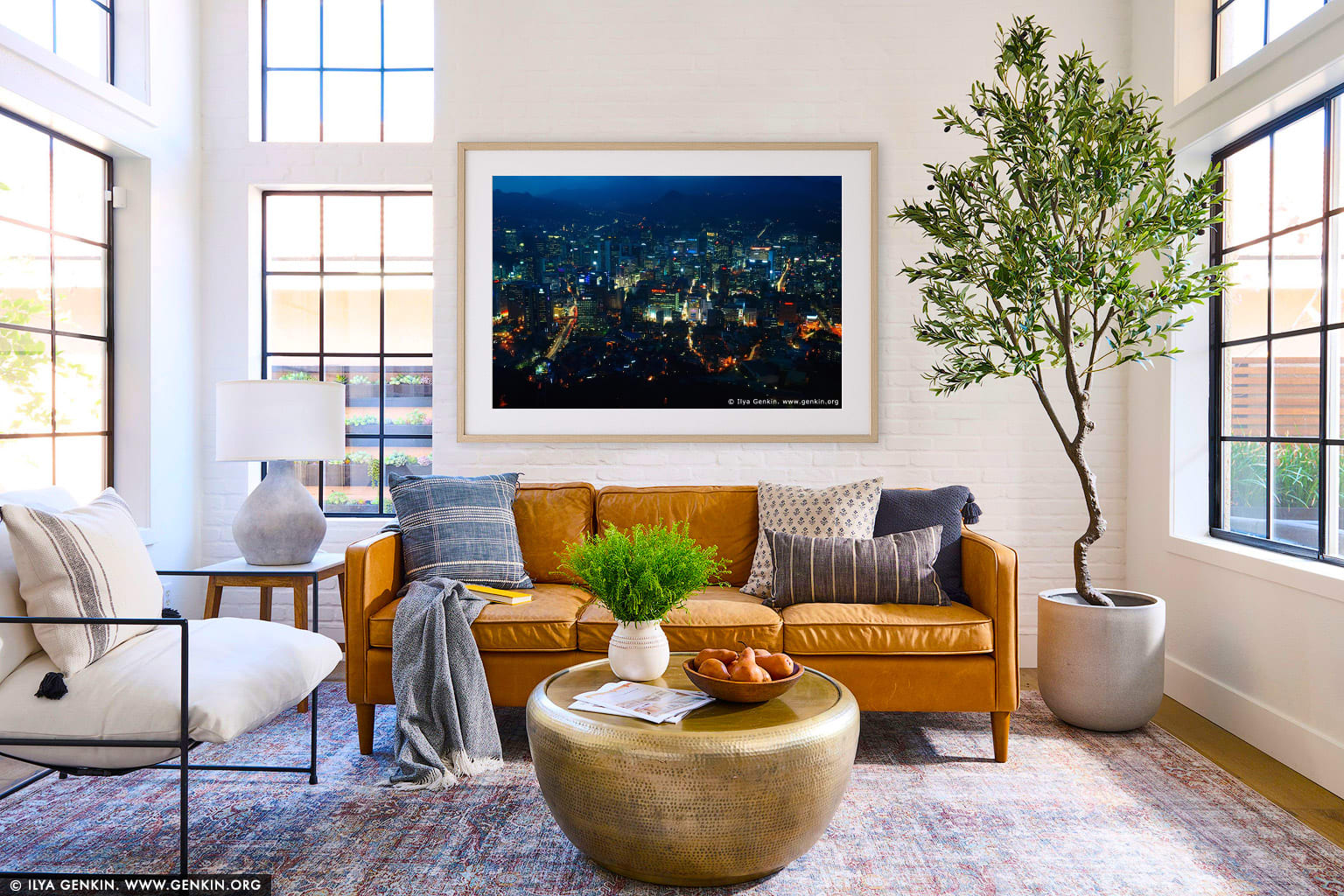 Seoul city at Night wall art in a contemporary living room interior