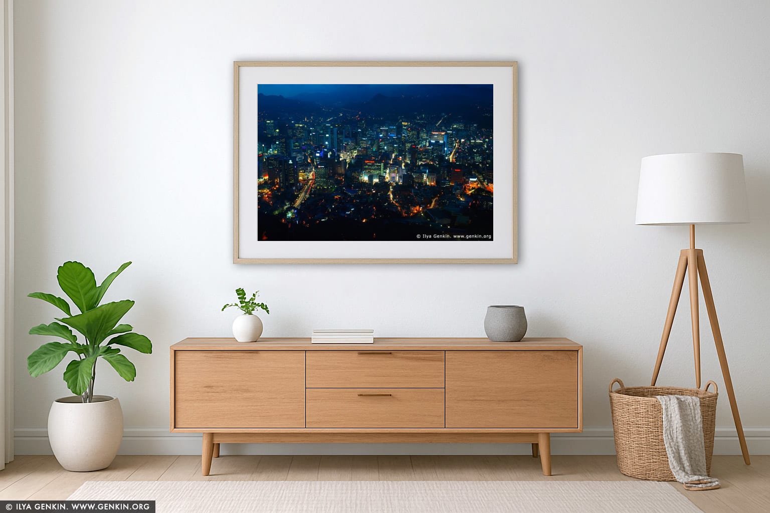Seoul city at Night wall art in a minimalist living room interior