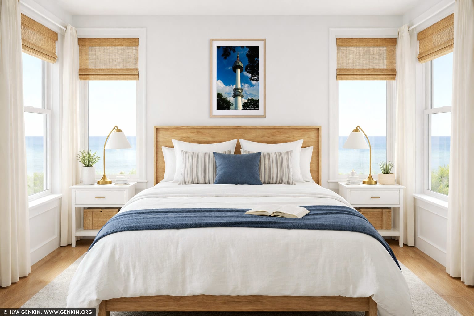 N Seoul Tower Rises Above Namsan Mountain in Seoul, South Korea wall art in a contemporary living room interior