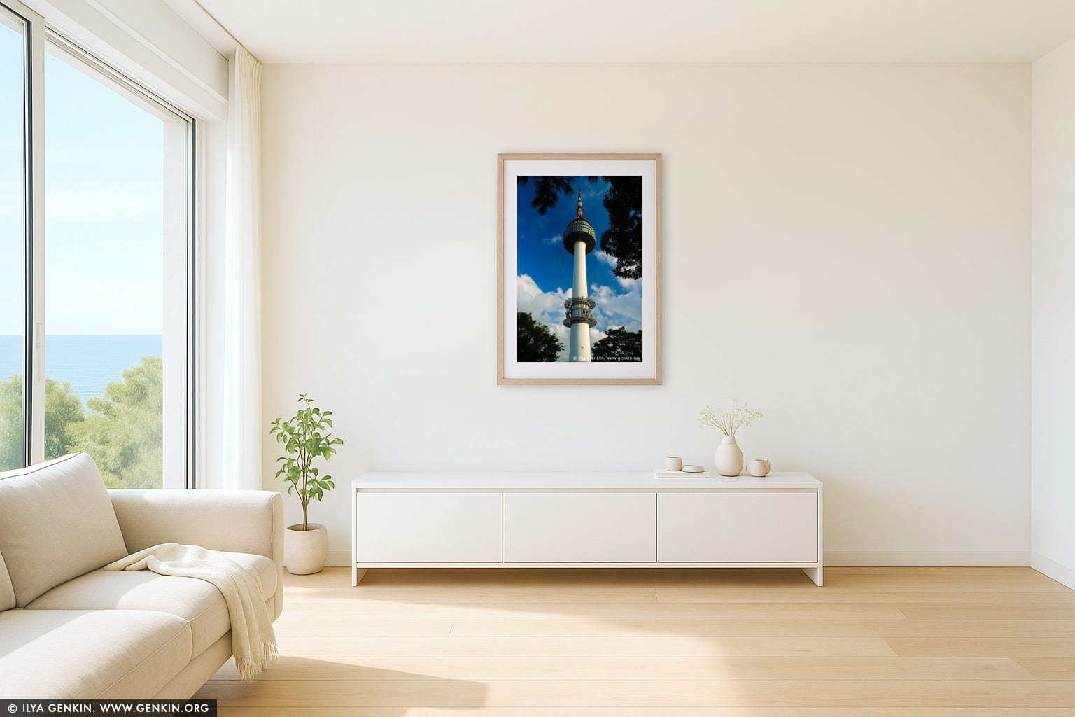 N Seoul Tower Rises Above Namsan Mountain in Seoul, South Korea wall art in a luxury living room interior