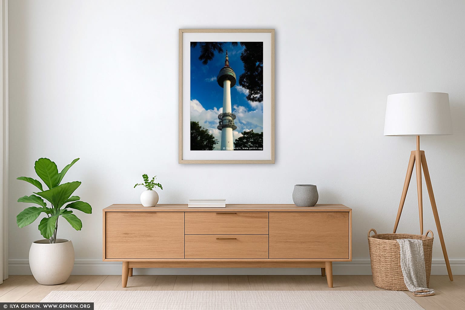 N Seoul Tower Rises Above Namsan Mountain in Seoul, South Korea wall art in a modern living room interior