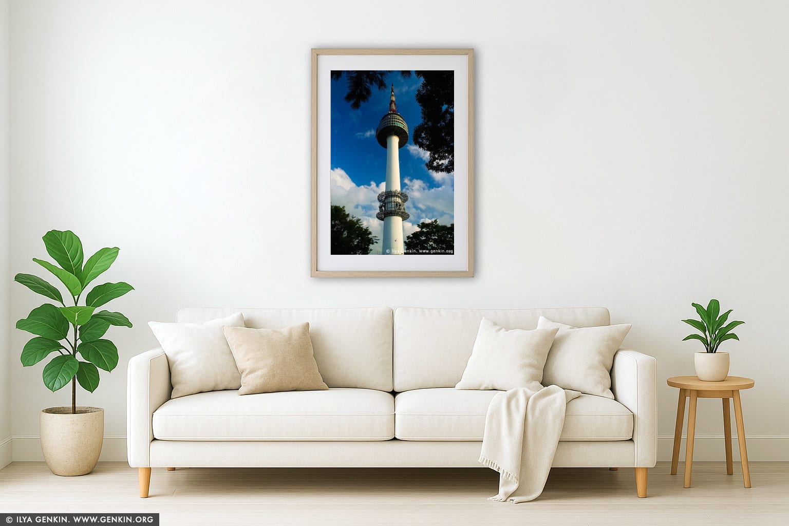 N Seoul Tower Rises Above Namsan Mountain in Seoul, South Korea wall art in a minimalist living room interior