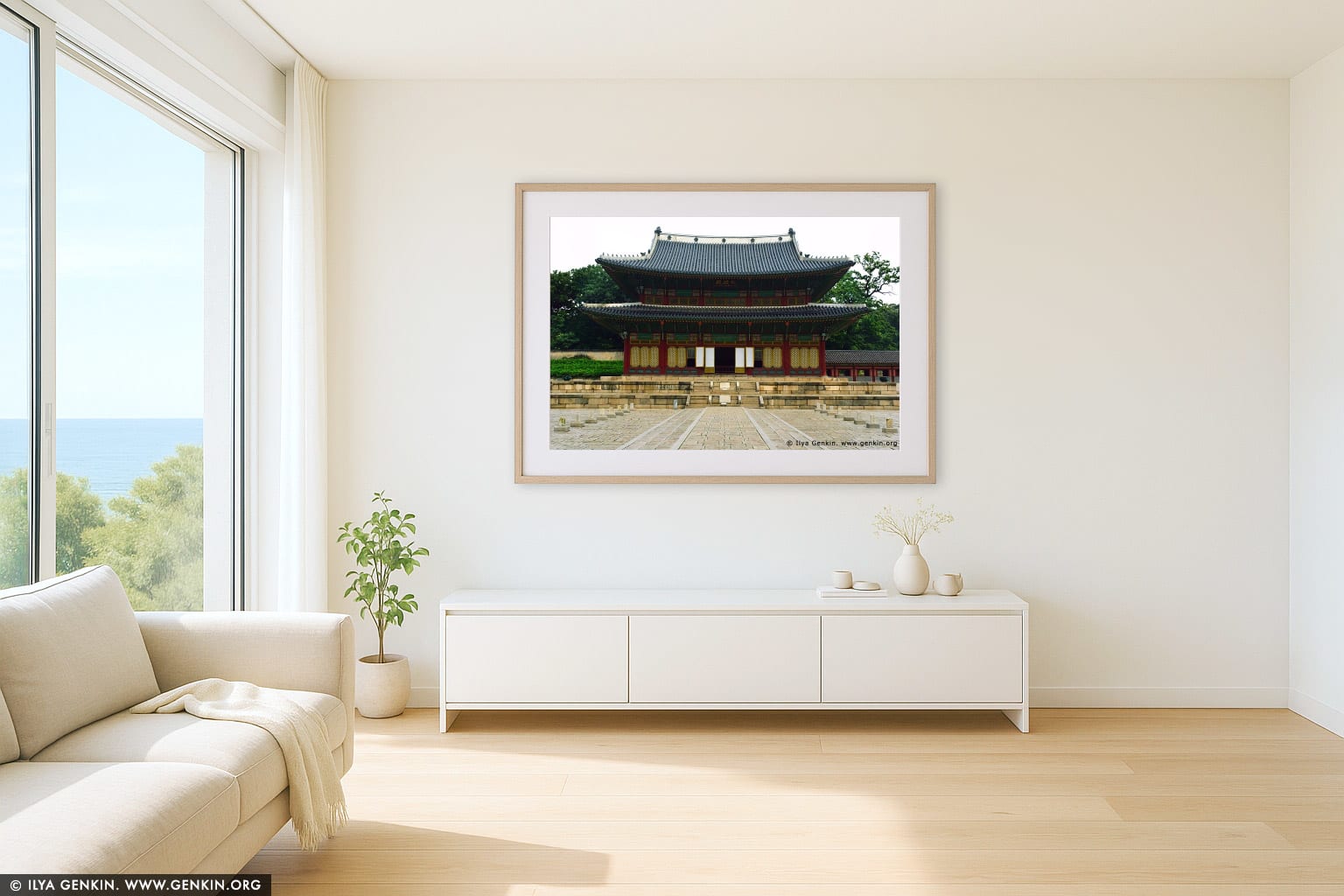 Injeongjeon Hall and Path of Rank Stones at Changdeokgung Palace in Seoul, South Korea wall art in a contemporary living room interior