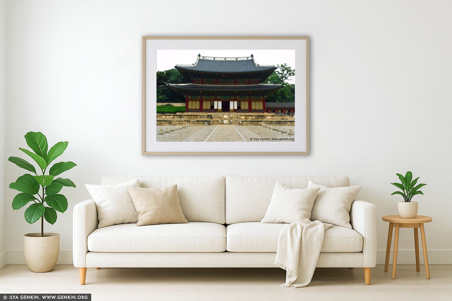Injeongjeon Hall and Path of Rank Stones at Changdeokgung Palace in Seoul, South Korea wall art in a modern living room interior