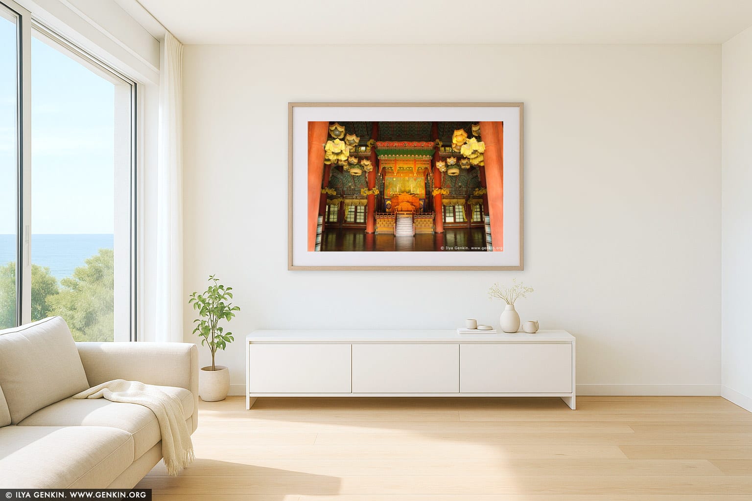 Interior of the Injeongjeon Hall at Changdeokgung Palace in Seoul, South Korea wall art in a contemporary living room interior