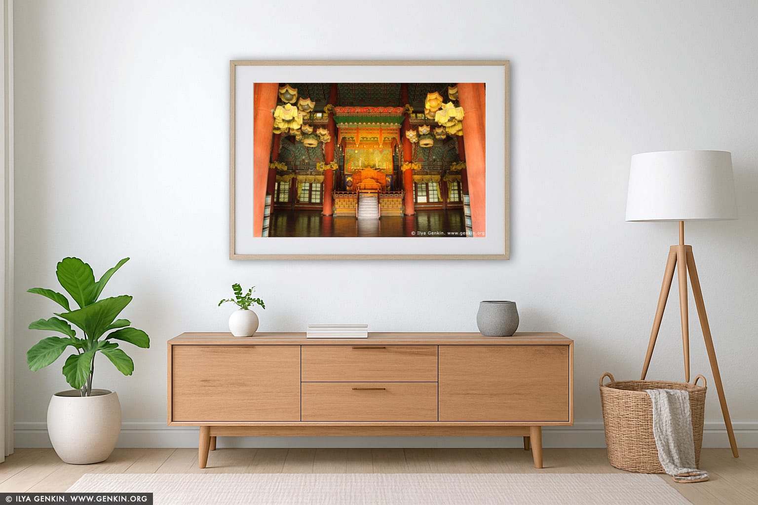 Interior of the Injeongjeon Hall at Changdeokgung Palace in Seoul, South Korea wall art in a minimalist living room interior