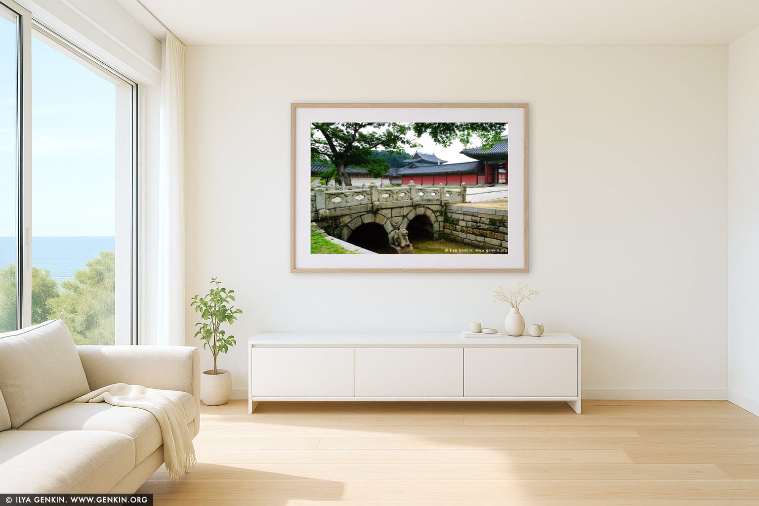 Geumcheongyo Bridge at Changdeokgung Palace in Seoul, South Korea wall art in a minimalist living room interior