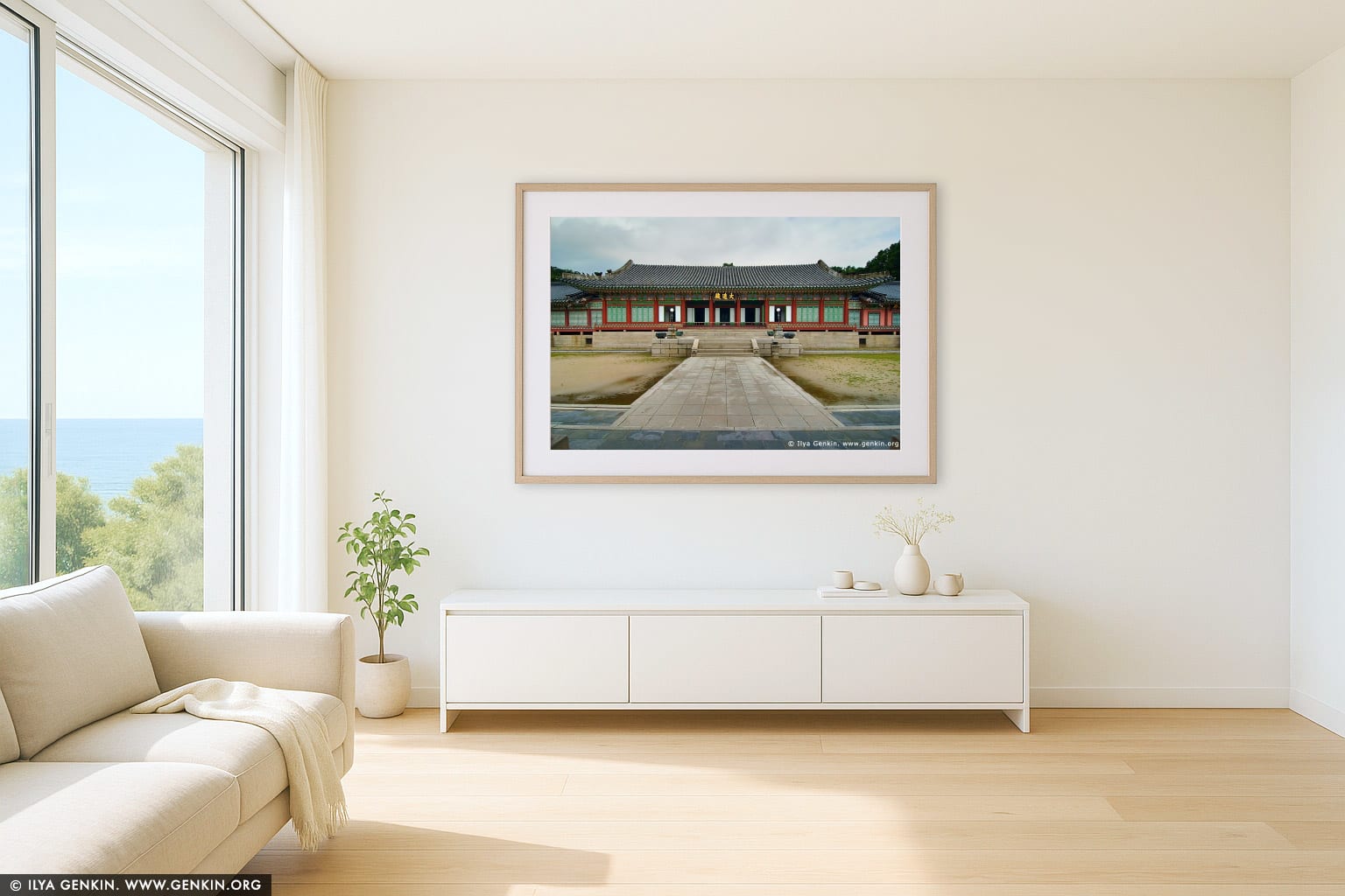 Daejojeon Hall at Changdeokgung Palace in Seoul, South Korea wall art in a contemporary living room interior