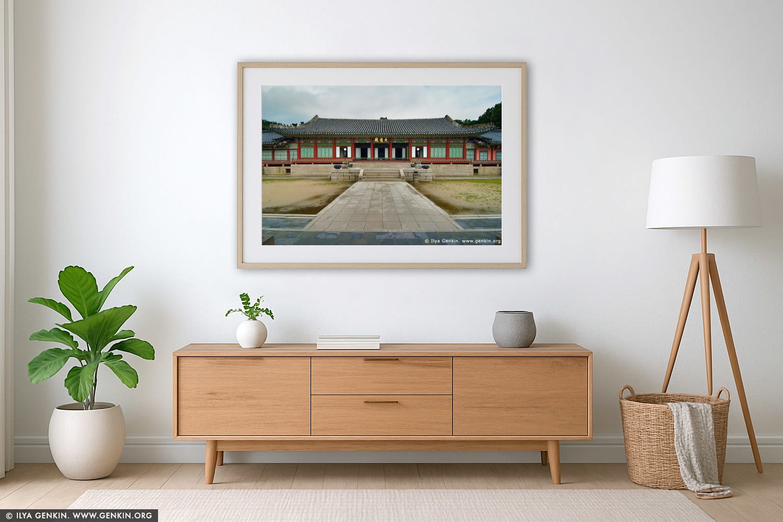 Daejojeon Hall at Changdeokgung Palace in Seoul, South Korea wall art in a minimalist living room interior