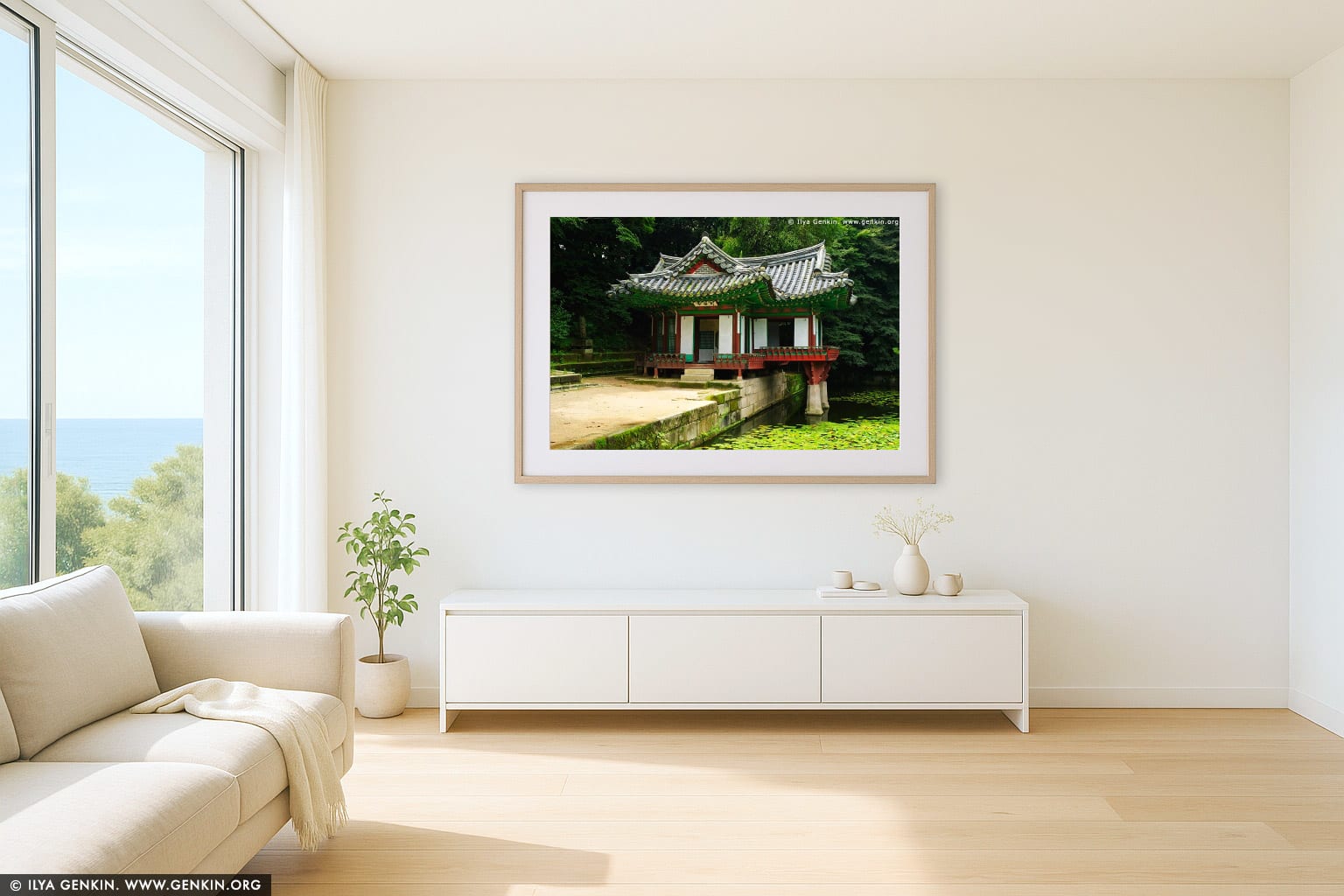 Buyongjeong Pavilion at Changdeokgung Palace in Seoul, South Korea wall art in a modern living room interior