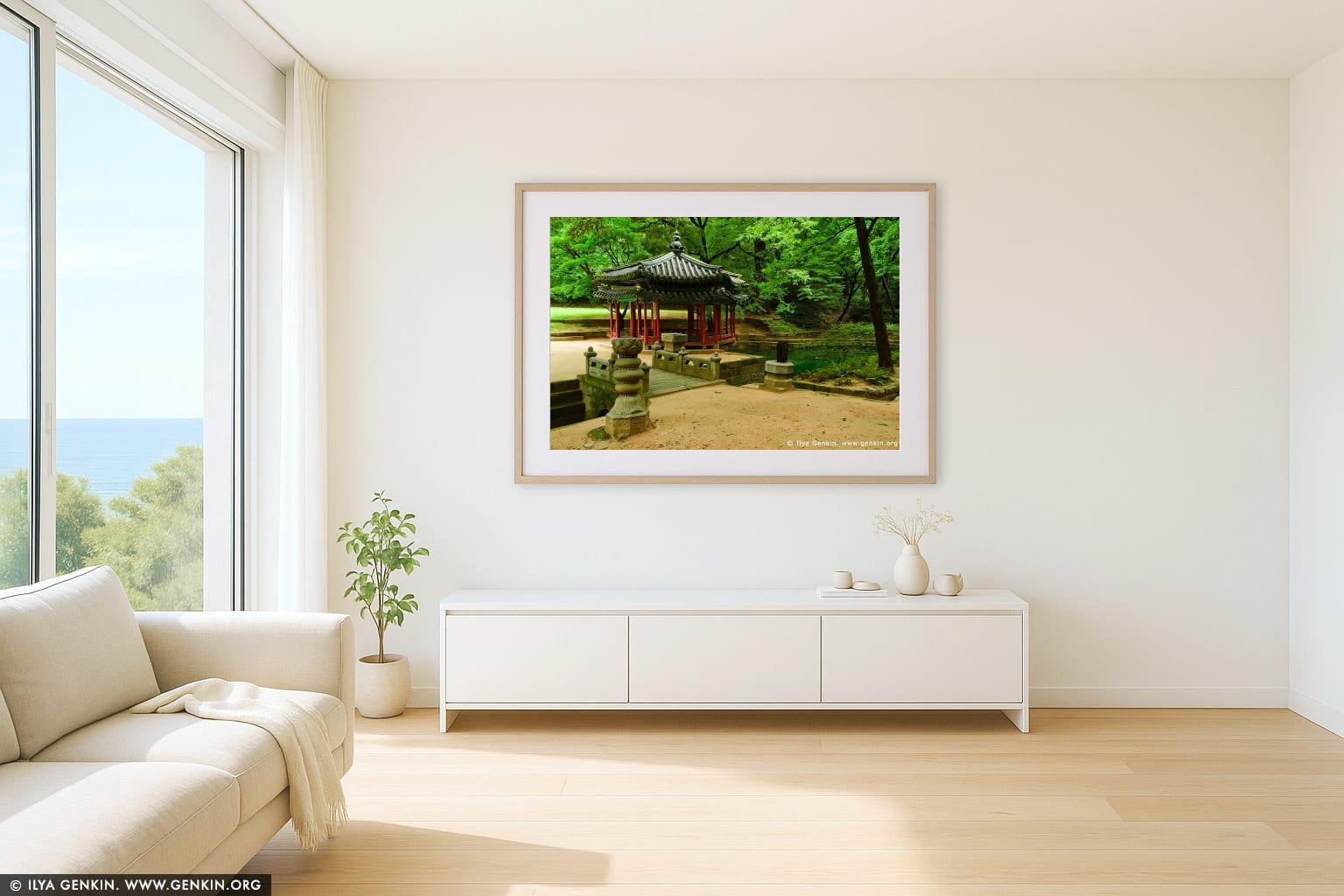 Jondeokjeong Pavilion at Changdeokgung Palace in Seoul, South Korea wall art in a modern living room interior