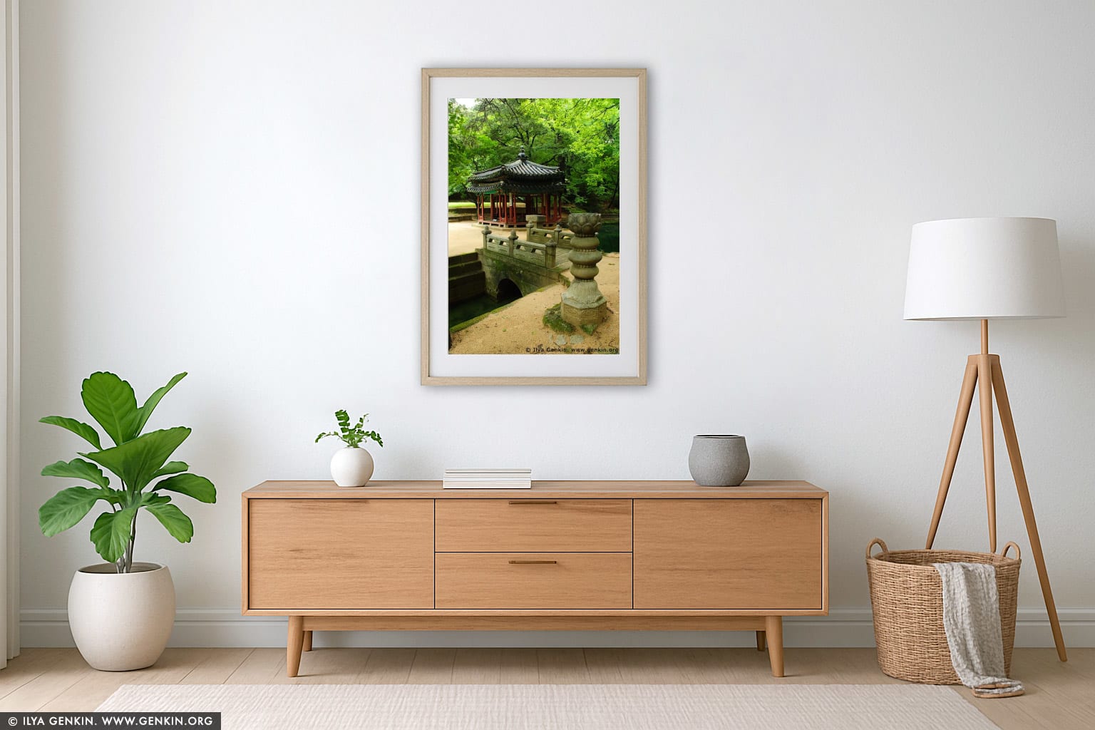 Jondeokjeong Pavilion at Changdeokgung Palace in Seoul, South Korea wall art in a minimalist living room interior