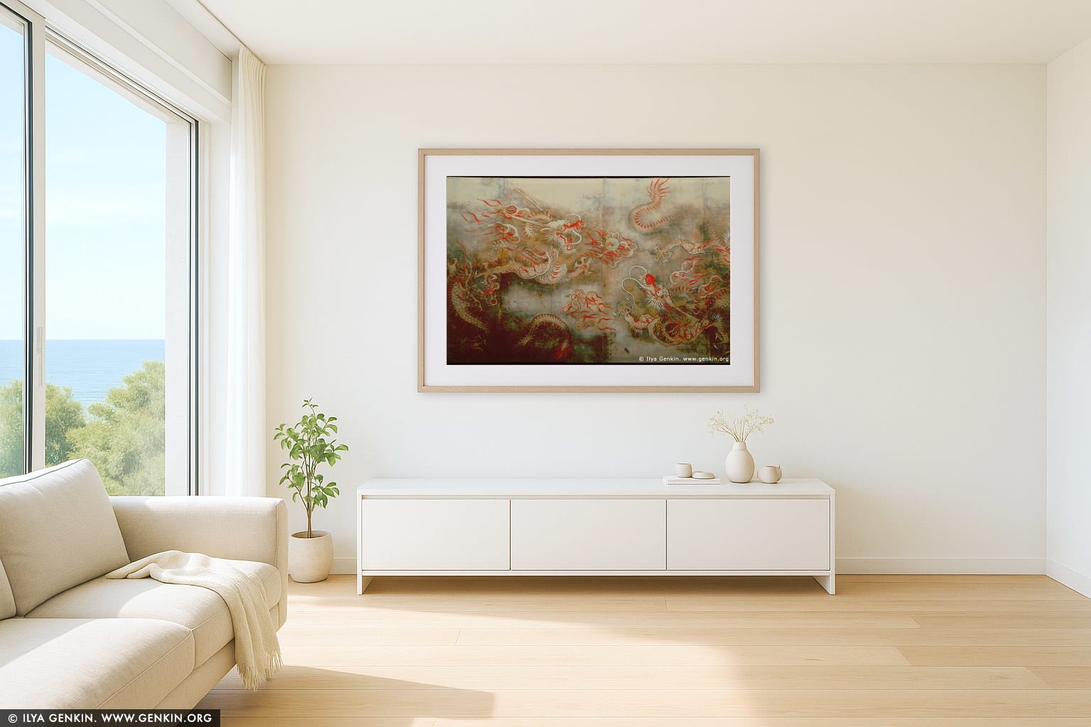Painting of Dragon on the Wall of Sajeongjeon Hall at Gyeongbokgung Palace in Seoul, South Korea wall art in a minimalist living room interior