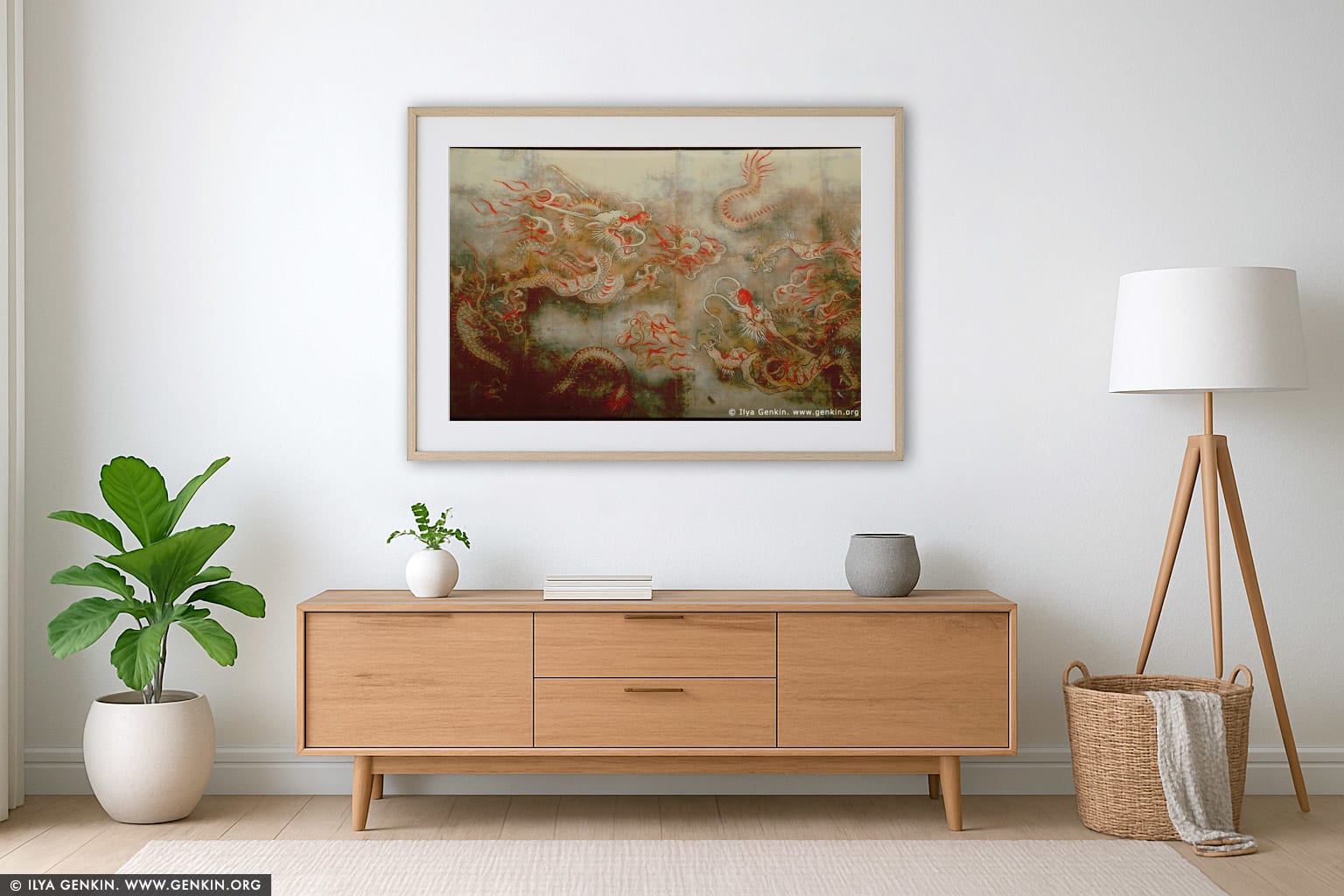 Painting of Dragon on the Wall of Sajeongjeon Hall at Gyeongbokgung Palace in Seoul, South Korea wall art in a luxury living room interior