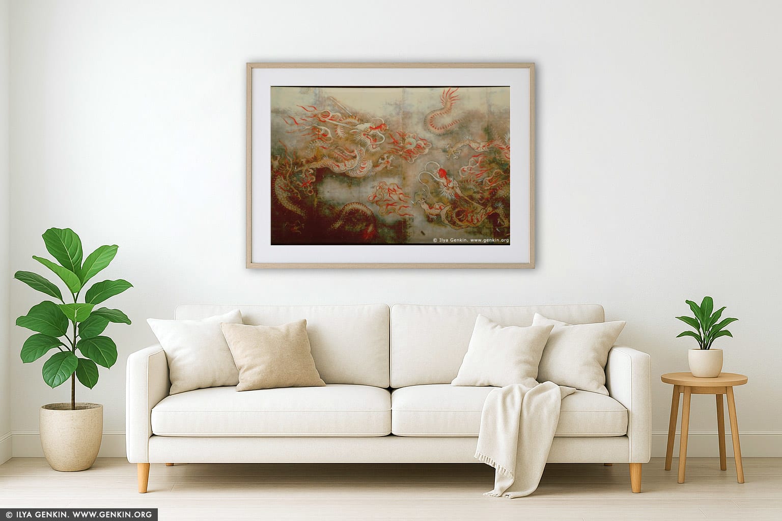 Painting of Dragon on the Wall of Sajeongjeon Hall at Gyeongbokgung Palace in Seoul, South Korea wall art in a contemporary living room interior