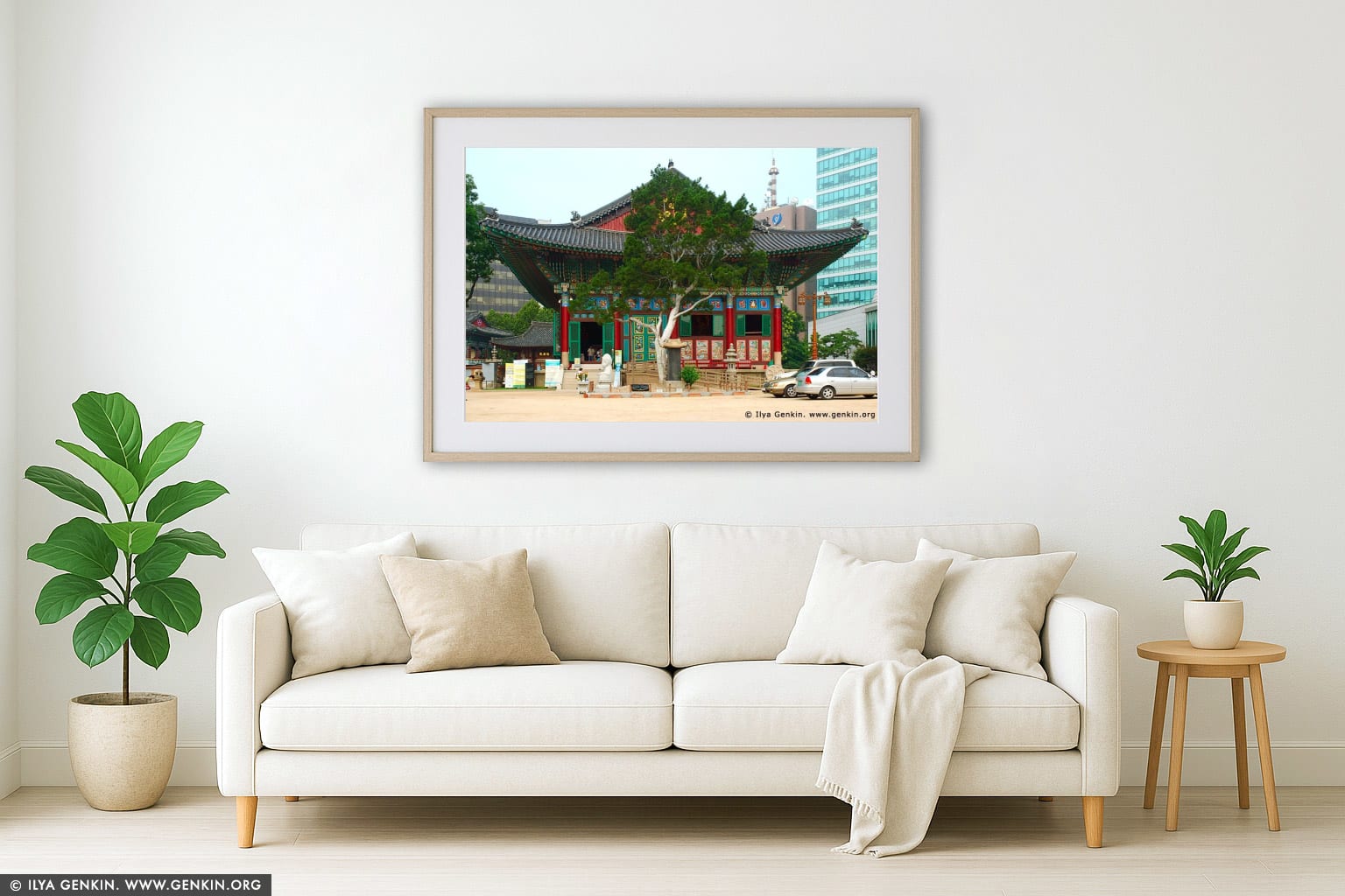 Jogyesa Temple in Seoul, South Korea wall art in a modern living room interior